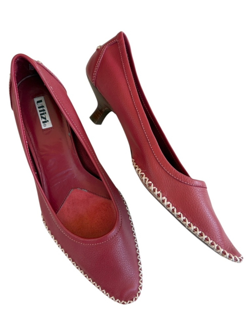 EUC Uffizi Leather Blanket Stitch Kitten Heels Red Size 7